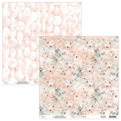 Papel decorativo com padrão floral e padrão de semicírculos em tons pastel