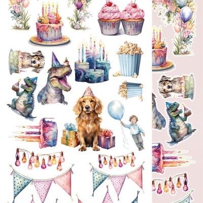 Autocolantes de festa com balões, bolos, cupcakes, cão, dinossauros, menino, pipocas, guirlandas e bandeirolas coloridas.