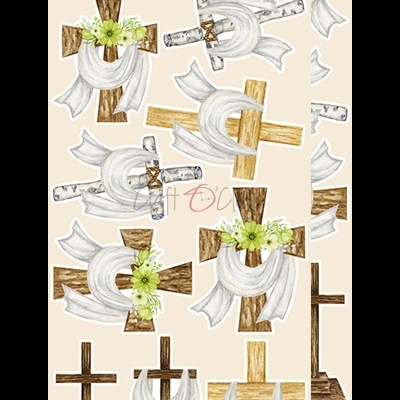 Cruz de madeira com tecido branco e flores verdes