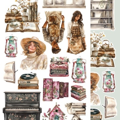 Ilustrações variadas de móveis, pessoas, objetos vintage e flores com estilo artístico.