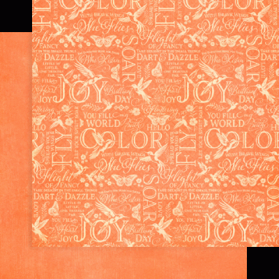 Papel decorativo laranja com texto em inglês e desenhos de pássaros e flores