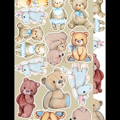 Autocolantes de ursinhos em várias cores e posições com roupinhas e laços azuis