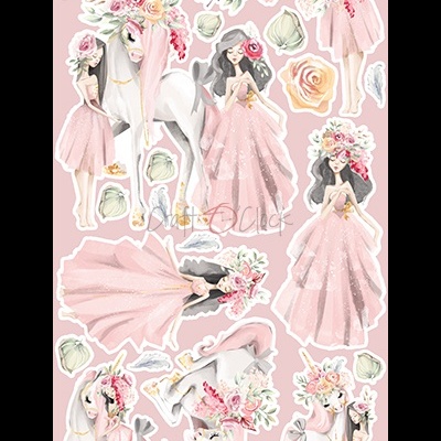 Autocolantes de personagens femininas, cavalo, pássaro e flores em tons rosa e pastel