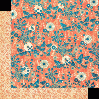 Tecido floral coral com flores e borboletas azuis e brancas