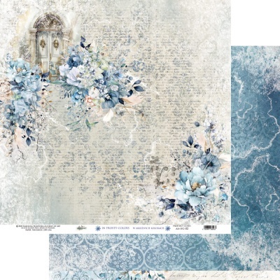 Papel decorativo com padrão floral azul e creme e detalhes vintage