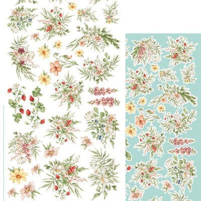 Folhas de adesivos com desenhos de flores e folhagens coloridas em fundo branco e azul claro