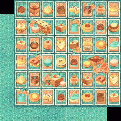 Selos postais com imagens de bolos e doces coloridos em fundo verde