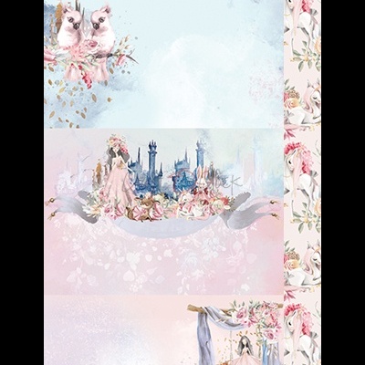 Painéis infantis com unicórnios, pássaros, princesa, castelo e menina em tons pastel