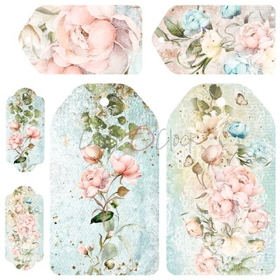 Etiquetas decorativas com flores e borboletas em tons pastel