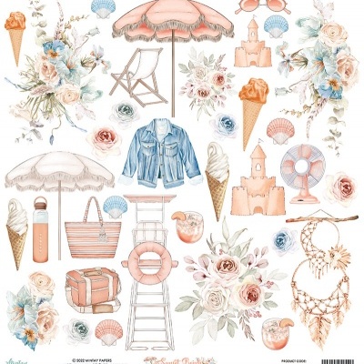 Ilustrações de objetos de praia, vestuário azul, flores pastel, esculturas de areia e acessórios em fundo branco