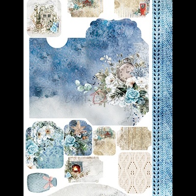 Peças de papel com padrões florais em azul, branco e bege, textura de tricô e elementos vintage