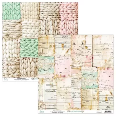 Papel decorativo com textura de malha em cores pastel e papel vintage com recortes antigos coloridos.