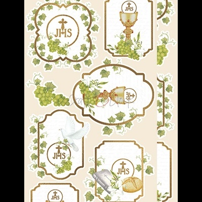 Autocolantes religiosos com cálices, pão, uvas, pomba e símbolos JHS