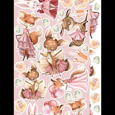 Autocolantes de animais vestidos com roupa elegante e flores em fundo rosa claro