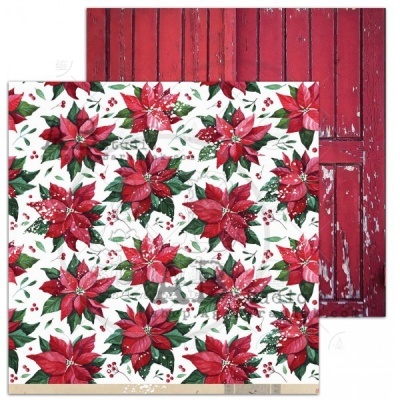 Papel de embrulho com flores de Natal e padrão de madeira vermelha envelhecida.