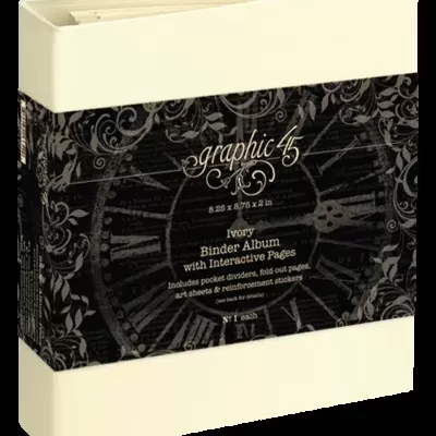 Álbum de arquivamento marfim com faixa preta decorativa e texto em inglês