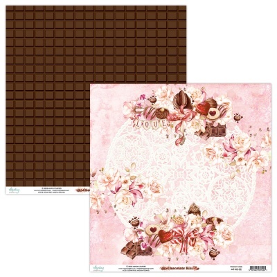 Papel scrapbook dupla face com padrão de chocolate e design floral rosa com texto LOVE