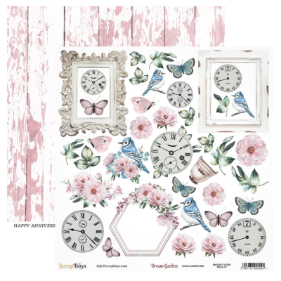 Papel decorativo para scrapbooking com relógios, flores, borboletas e pássaros em fundo branco