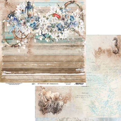 Papel decorativo náutico vintage com flores, âncora, leme e textura de madeira.