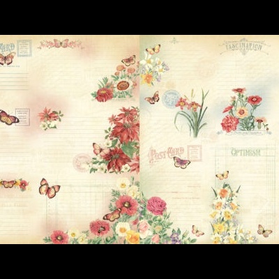 Papel decorativo vintage com flores, borboletas e texto Post Card