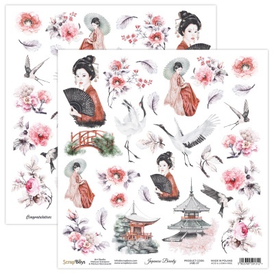 Papel decorativo para scrapbooking com tema japonês colorido com ilustrações de mulheres, flores, pássaros e pagodes.