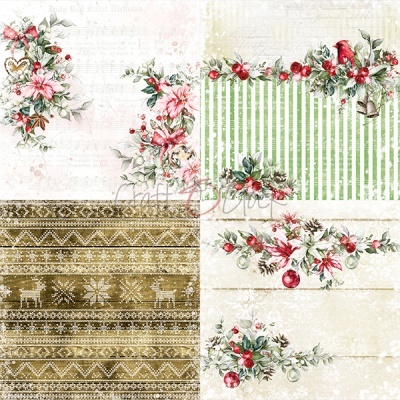 Padrões natalícios com flores, bagas, sinos, pássaros, riscas verdes e padrões dourados com renas e flocos de neve