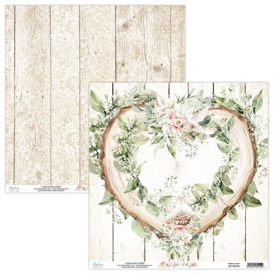 Papel decorativo dupla-face com padrão floral creme e coração de madeira com folhagem e flores