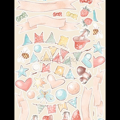 Ilustrações coloridas de laços, morangos, abelhas, corações, estrelas, borboletas e fitas em tons pastel sobre fundo claro.