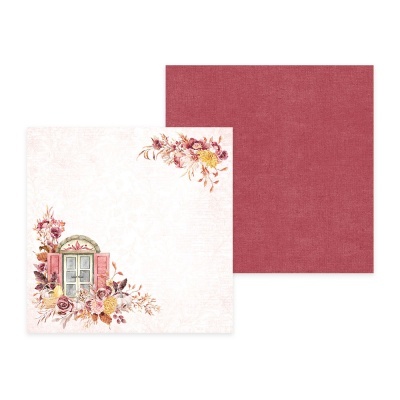 Papel decorativo quadrado com decoração de janela e flores e papel vermelho texturizado