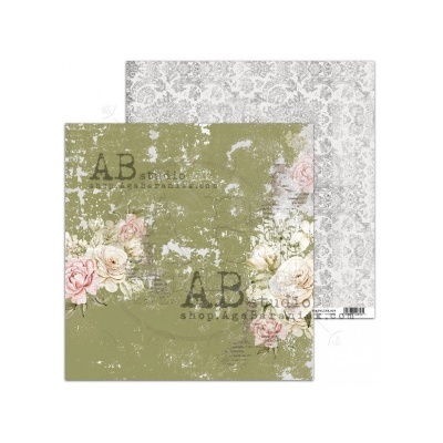 Papel decorativo quadrado com padrão verde-oliva e flores rosa e branco, verso com padrão cinza ornamental.