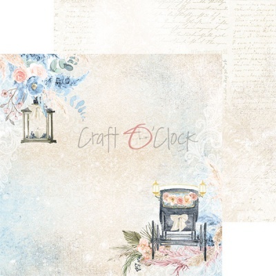 Papel decorativo para scrapbooking com flores, lanterna e carrinho, texto Craft O'Clock