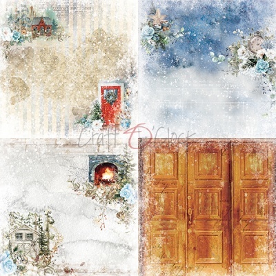 Quatro imagens decorativas vintage com temas de inverno e natal, casinhas, porta vermelha, lareira, relógio antigo e porta de madeira envelhecida