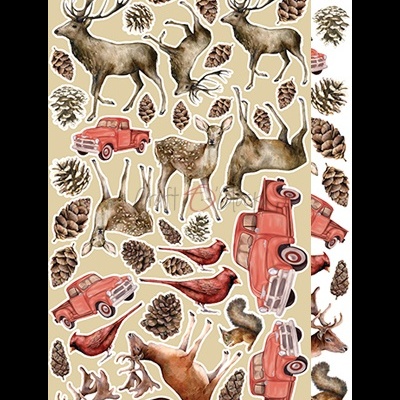 Autocolantes com desenhos de veados, carros vermelhos, corações e pinhas em fundo bege