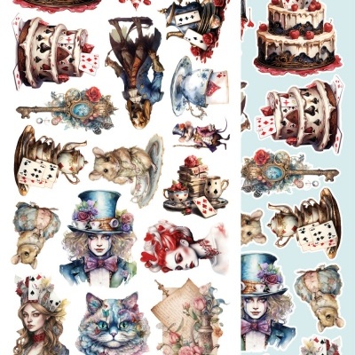 Vinil decorativo com ilustrações de Alice no País das Maravilhas e elementos relacionados