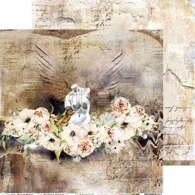 Papel decorativo com mão escultural branca, asas desenhadas e flores claras sobre fundo envelhecido