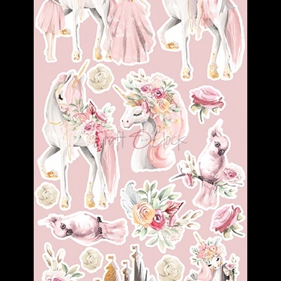 Autocolantes de unicórnios, princesas, pássaros, flores e castelo em fundo rosa