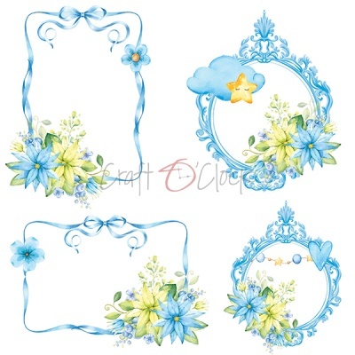 Quatro molduras decorativas azuis e verdes com flores, laços, nuvem, estrela e menino com balões.
