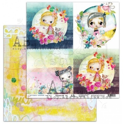 Papel de scrapbook com desenhos coloridos de personagens infantis e flores