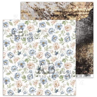 Papel decorativo com padrão floral frente e padrão abstrato verso