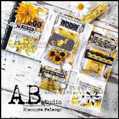 Cartões decorativos em amarelo, branco e preto com flores, fitas, lantejoulas e texto inspirador