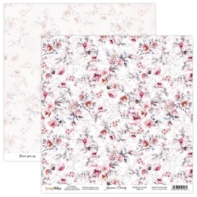 Folha dupla face de papel para scrapbooking com padrão floral rosa e cinza e texto impresso