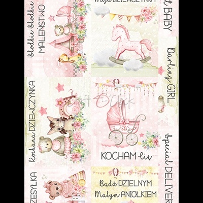 Padrão infantil com desenhos de brinquedos, flores e textos em vários idiomas sobre fundo rosa