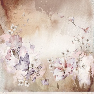 Pintura artística com flores pastel e borboletas em fundo aquarelado bege