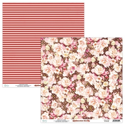 Folhas de papel decorativo com padrão listrado vermelho e branco e padrão floral rosa e marrom.