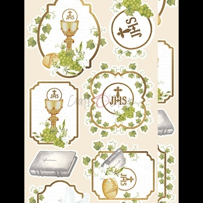 Folhas autocolantes de desenhos religiosos com cálice, pombas, pão e Bíblia.