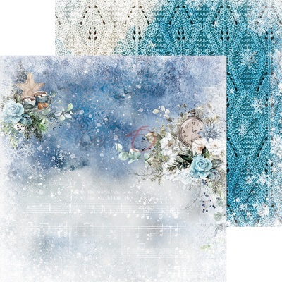Papel de scrapbook azul e branco com flores, relógio e notas musicais