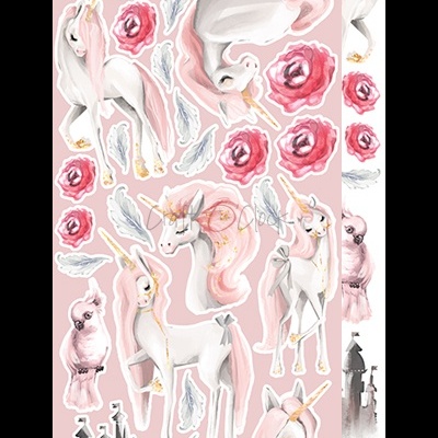 Autocolantes de unicórnios, flores, penas, castelo e animais em fundo rosa claro