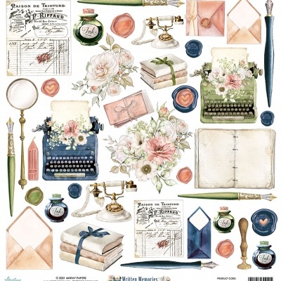 Conjunto de elementos vintage para escrita e correspondência com flores, máquinas de escrever, tinta, telefones e envelopes