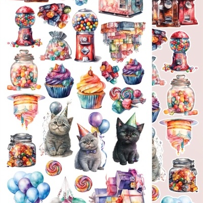 Ilustração de doces, gatos, balões e presentes coloridos