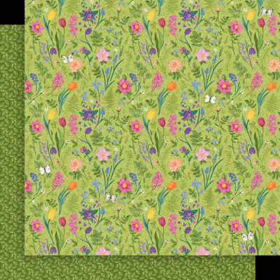 Papel de parede com padrão floral colorido e fundo verde